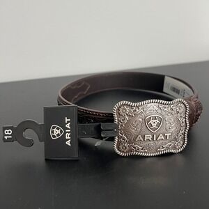 Ariat Kids Brown Floral Tooled Genuine Leather Western Belt Trophy Buckle 18